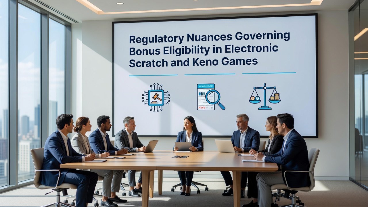 Regulatory compliance dashboard displaying bonus eligibility checks for scratch and keno titles